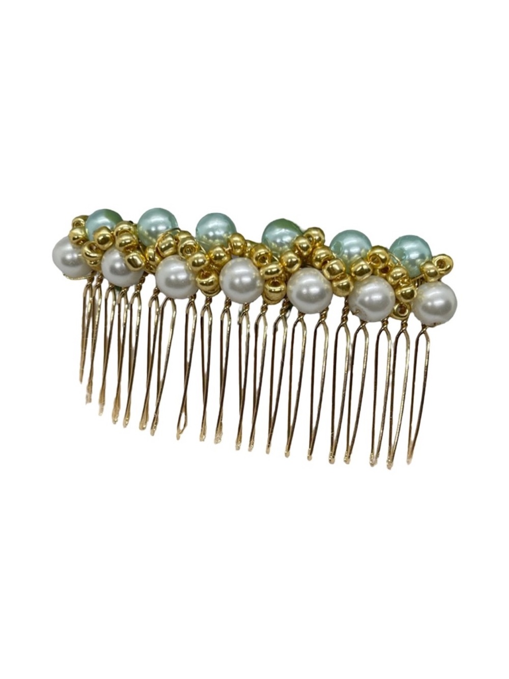Gold Pearl Beaded Hair Comb with Mint and White Pearls FIINAL PRICE DROP